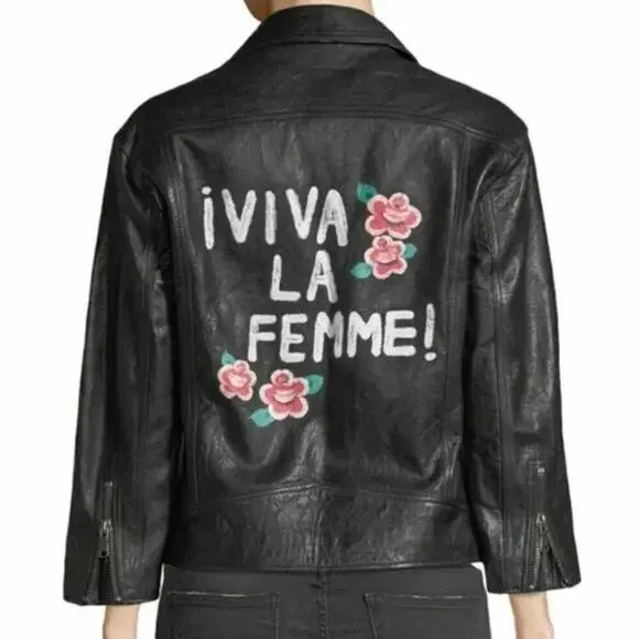 Joie Black Leather Moto Jacket Viva La Femme Graphic Print New Size S